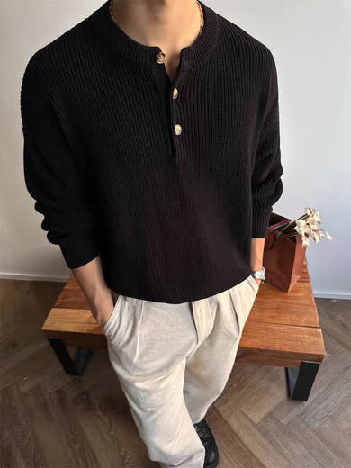 Jiaojing Laoqian Henry Collar Sweater Old Money Style Henry Collar Sweater Men's Autumn and Winter Lazy Feeling Bottoming Long Sleeve Pin Khaki High Quality M