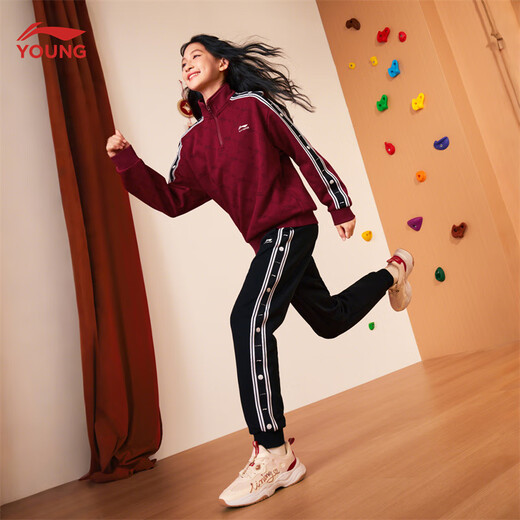 Li Ning children's clothing children's sweatshirt suit for men and women, small and big children, New Year's style leggings and velvet sports top suit YWEW003 dark red/black-4 175