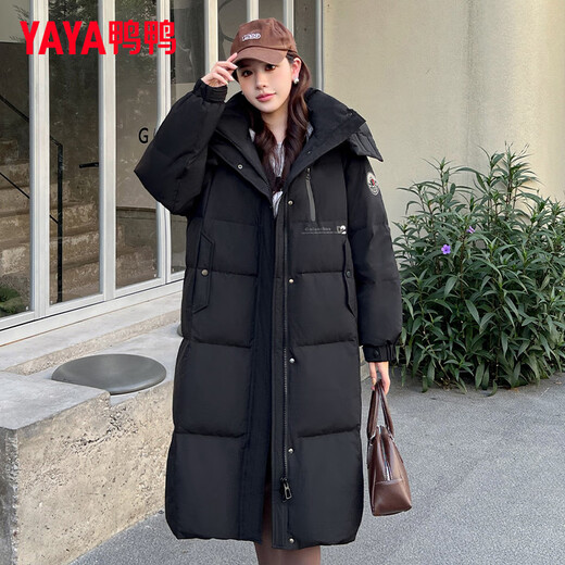 YAYA Extreme Cold Down Jacket Women's Long Over-the-Knee 2025 Winter New Fashion Casual Hooded Thickened Warm Jacket XB Black M (160)