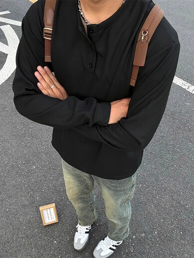 Waffle black sweatshirt men's spring and autumn cleanfit cotton bottoming shirt high-end Henry collar long-sleeved T-shirt black upgraded model M 90-110Jin Jin equals 0.5 kg