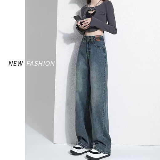 Wide-leg jeans for women, spring, autumn and winter, 2025 popular pear-shaped body, high-waisted, narrow straight pants, floor-length blue and gray double-button velvet trousers. L Recommended: 110-120 Jin Jin equals 0.5 kg