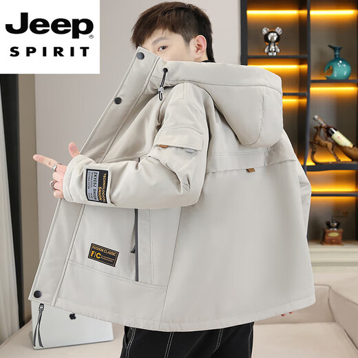 JEEP SPIRIT work jacket men's autumn and winter velvet thickened hooded jacket men's high-end cotton clothing outdoor jacket MY216 dark gray cotton L (about 110-130 Jin Jin equals 0.5 kg can be worn)
