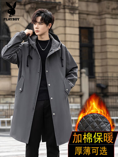 Playboy (PLAYBOY) 2025 new mid-length windbreaker men's autumn and winter over-the-knee cape coat Korean style trendy handsome thickened coat 1903 black M 110-130Jin Jin equals 0.5 kg