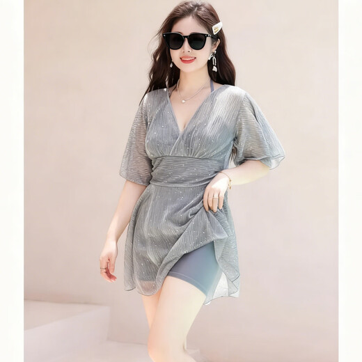 Bo Na Ling Swimsuit Women's Conservative Slim Bathing Hot Spring Women's Sports Skirt Covering Flesh Covering Belly No Steel Support Large Size Swimsuit Flash Diamond Blue One Size