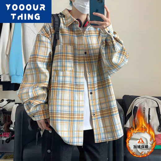 YOOOURTHING美式复古格子衬衫男长袖春秋冬加绒加厚宽松情侣百搭休闲衬衣外套 CJ9734-蓝格 加绒 M (建议90-110斤)