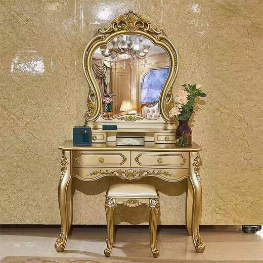 Champagne gold European style dressing table bedroom small apartment Internet celebrity princess rich gold simple dressing table mirror 1 meter champagne gold round mirror dressing table + makeup stool