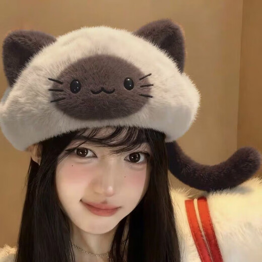Rui Menghua 2025 New Cute Cat Ears Siamese Cat Girl Autumn and Winter Warm and Versatile Beret Shows Small Face Main Picture Style