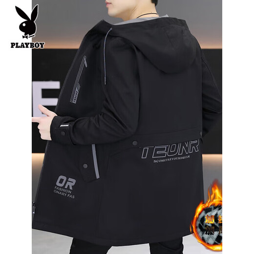 Playboy (PLAYBOY) windbreaker men's mid-length 2025 autumn and winter new velvet jacket slim and handsome windbreaker cotton jacket casual trendy brand men K70 gray/spring and autumn regular XL recommended 125-145Jin Jin equals 0.5 kg