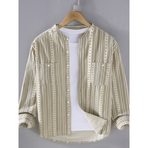 Capti Henry collar striped long-sleeved shirt men's spring and autumn trendy casual all-match shirt jacket men's inch shirt top Khaki M