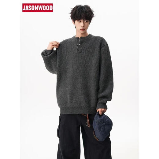 JASONWOOD American Henry Collar Sweater Men's Winter Solid Color Lazy Style Sweater Trendy Brand Cleanfit Loose Dark Gray High Quality M 160-170CM 95-110Jin Jin is equal to 0.5 kg