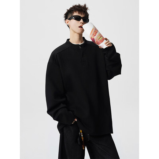 Cotton fantasy MIAN HUAN American heavyweight right shoulder deconstructed sweatshirt for men in autumn and winter loose and trendy inner layering shirt Henry collar long-sleeved T-shirt dark heather gray XL