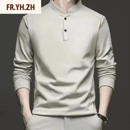 FR.YH.ZH Cotton Daji Cotton Industry Autumn and Winter Double-sided German Velvet Bottoming Shirt Men's Henry Trendy Versatile Long Sleeve T-Shirt Stand Collar Sweatshirt Gray 4XL