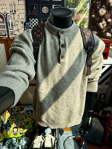 LIIS American retro Henry collar sweater for men, autumn and winter, lazy style, high-end knitted sweater to keep warm, floral gray, upgraded style, unrivaled at the same price, super high, one size fits all