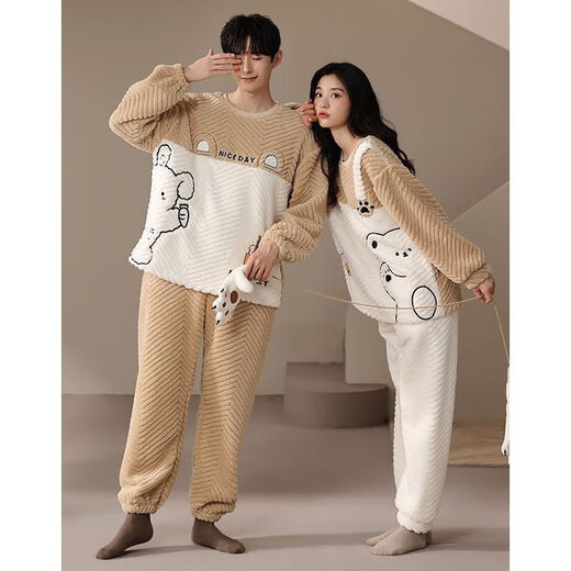 Victoria's style couple's pajamas winter coral velvet thickened and warm one man and one woman cartoon cute home wear outer suit LN9018 M women's + men's L