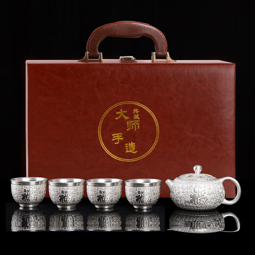 Jiaomingtang 999 sterling silver Kung Fu tea set gift set for leaders and elders to retire, housewarming and retirement practical festival Baifu silver set 10 pieces