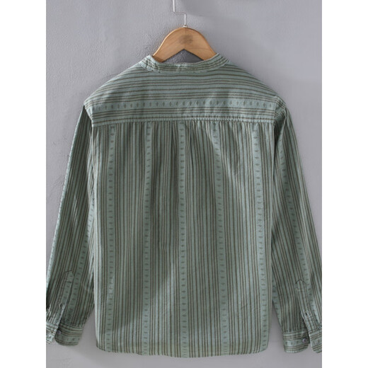 Capti Henry collar striped long-sleeved shirt men's spring and autumn trendy casual all-match shirt jacket men's inch shirt top Khaki M