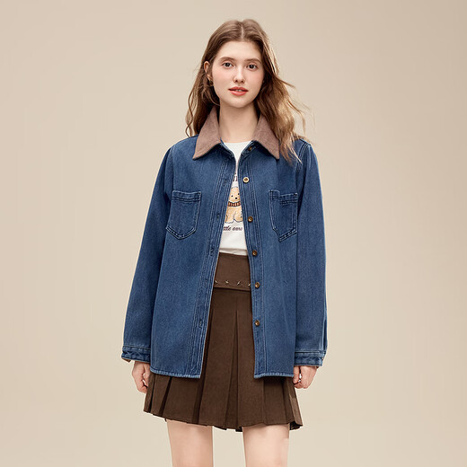 Betu Women's 2025 Winter New Shirt Color Block Collar High-Quality Comfortable Cotton Long-Sleeved Top Women 2511X02 Blue S