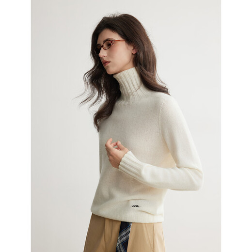 ELLE 100% sheep wool ELLE turtleneck seamless one-piece sweater for women 2025 winter new simple commuter sweater off-white M