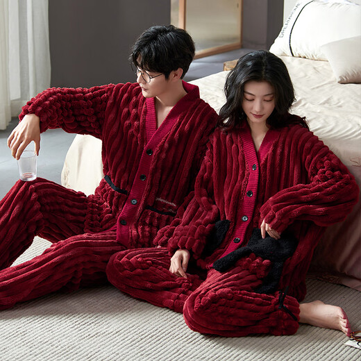 Yalu Couple Pajamas Women's Coral Velvet Autumn and Winter Plus Velvet Thickened Suit Wedding Newlywed Men's Winter Red Home Clothes TM52209 Female M Yes x
