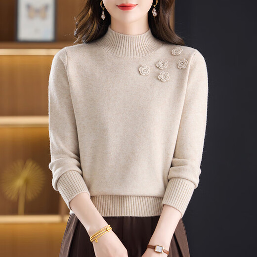 Factory direct sales three-dimensional flower half turtleneck sweater for women autumn and winter fashionable loose knitted bottoming beige XL