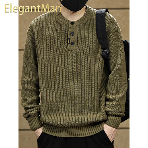 ElegantMan American retro Henry collar sweater for men in autumn and winter thickened loose lazy style vertical striped pullover sweater jacket Khaki S _ Suitable for 90-110Jin Jin equals 0.5 kg