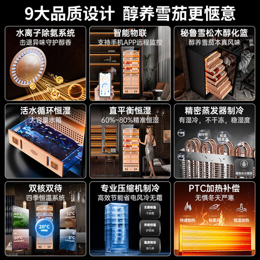 Kelong 608C cigar cabinet with constant temperature and humidity, water ion ammonia removal, smart WiFi, IoT control, air-cooled cedar wood liner shelf, alcohol feeding, water circulation compressor, refrigeration cigar cabinet, Obsidian Black 2-wake cigar box maintenance + aluminum liner + purified ammonia + WiFi