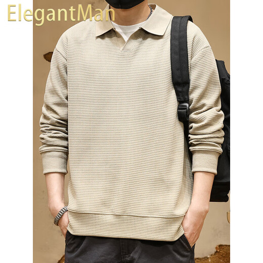 ElegantMan American retro heavyweight waffle POLO shirt men's long-sleeved winter loose Henry shirt tough guy handsome V-neck sweatshirt gray apricot M _ -130Jin Jin equals 0.5 kg