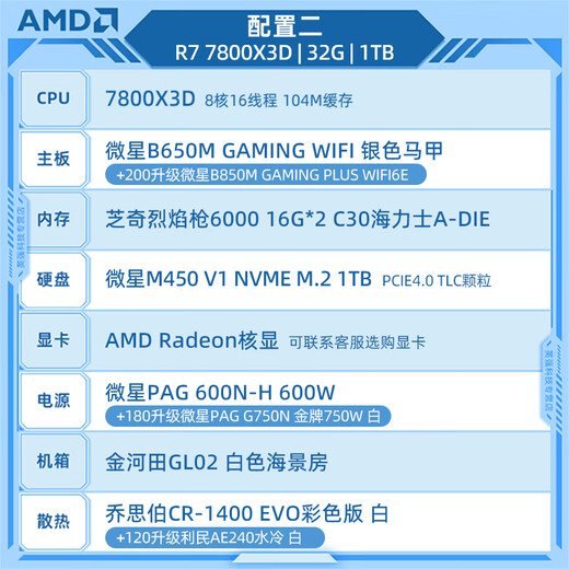 AMD Ryzen 7800X3D/5060/5060Ti game console computer desktop assembly computer host DIY complete machine sea view room chassis configuration two 7800X3D/32G/1T