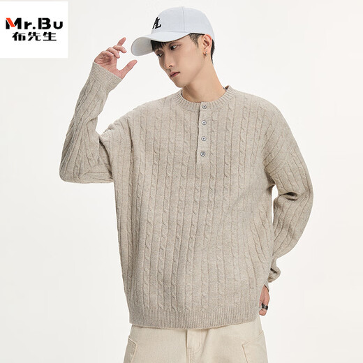 Mr. Bu knitted sweater men's knitted sweater men's autumn and winter new fashion brand American twist feel warm henley collar sweater black M