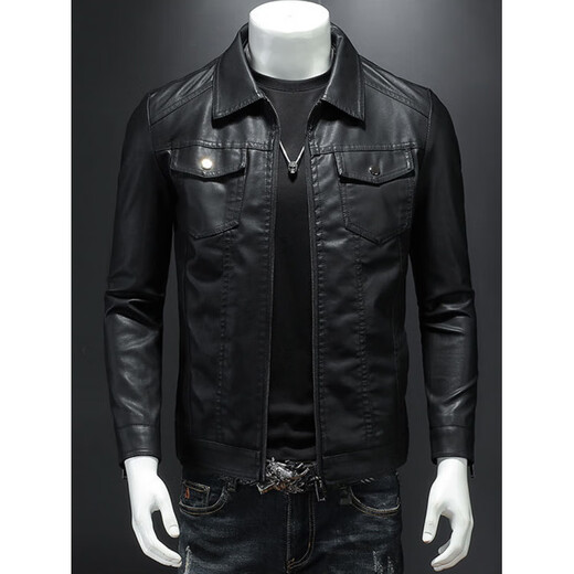 ARMANI EXCHANGE Armani black short leather jacket men's motorcycle style leather jacket fashion new autumn and winter retro lapel leather black plus velvet L 110-130Jin Jin equals 0.5 kg