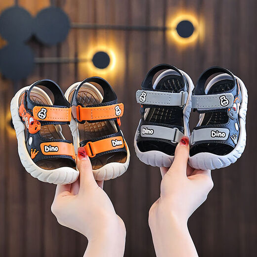 Children's Sandals Boys 2025 New Summer Kids Soft Sole Anti-Slip Baby 1 to 2 Boys and Girls Beach Shoes Gray Dinosaur 21 Size 21
