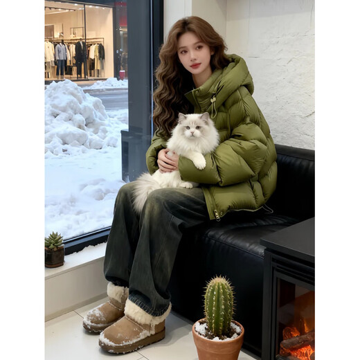Lu Wang Lianxue lightweight hooded down jacket for women winter 2025 new style giant good-looking small short bread coat cotton jacket green XL 130-155Jin Jin is equal to 0.5 kg