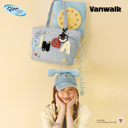 VANWALK Pingu New Girls Large Capacity Denim Handheld Tote Bag Daily Outing Shoulder Bucket Bag Denim Blue