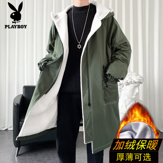 Playboy (PLAYBOY) winter men's mid-length velvet thickened hooded windbreaker men's Korean version slim large size warm coat coat trendy black velvet 3XL