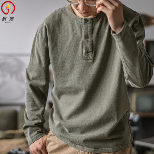 Brilliant American Retro Henley T-shirt Men's Spring and Autumn Large Size 300 Jin Jin equals 0.5 kg Tough guy loose open collar long sleeve bottoming shirt trendy top white L Recommended 80-115 Jin Jin equals 0.5 kg