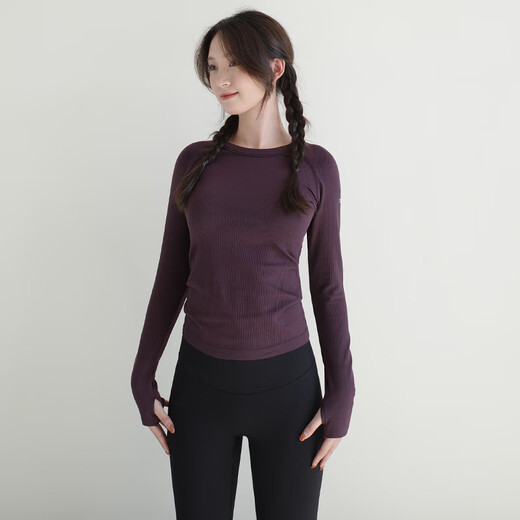 Tights women's tops sports tops women's autumn and winter new long-sleeved round neck tight slimming yoga clothes Pilates training ebony purple M