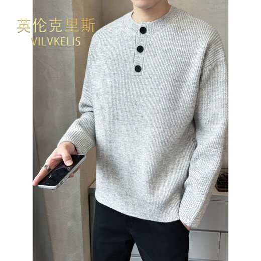 VILVKELIS British Chris autumn and winter new high-end loose pullover sweater men's Henry collar sweater gray sweater black L _120-140Jin Jin equals 0.5 kg