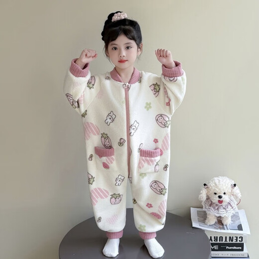 Baby coral velvet pajamas autumn and winter girls conjoined baby children's flannel sleeping bag thickened home clothes princess style off-white rabbit 100