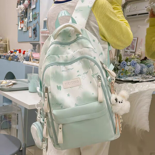 KATELUO school bag junior high school girls blue ins style high school students high appearance 2025 new female large capacity backpack shoulder bag blue with flying rabbit pendant