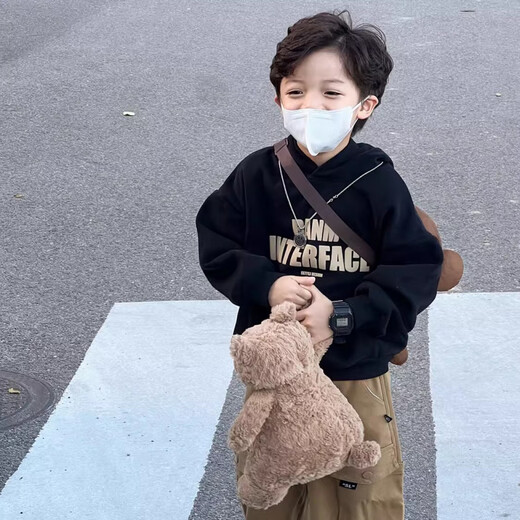 Jungen-Winter-Kapuzenpullover 2024 Herbst und Winter neuer Stil Kinder-Hoodie im koreanischen Stil All-in-One-Samtoberteil plus trendige braune Kinderhose aus Samt 90 cm_(empfohlene Körpergröße 85-95 cm)