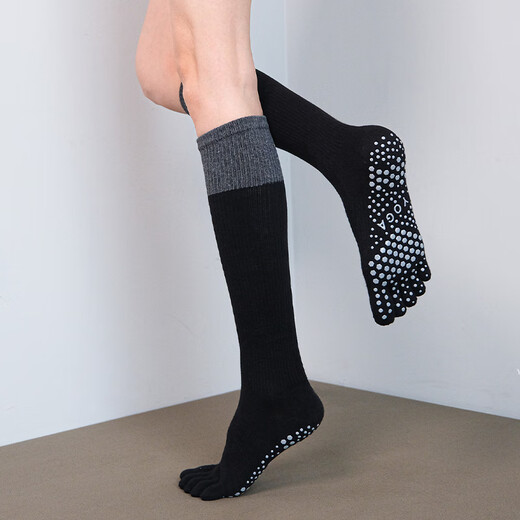 Duweck five-finger pressure socks yoga professional non-slip Pilates training indoor sports split-toed calf long tube contrasting color black