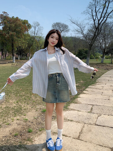 ONEDEW International Brand Summer 2025 New Sun Protection Clothes Women's Loose Tops Thin Design Long-Sleeved Striped Shirt Blue Blue Striped Original (Premium Edition) S Ready Stock One Size