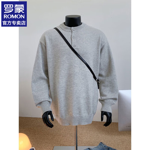 ROMON American retro Henry collar sweater for men in winter, high-end loose casual men's bottoming sweater for men, floral gray XL (approximately 120-135Jin Jin equals 0.5kg)