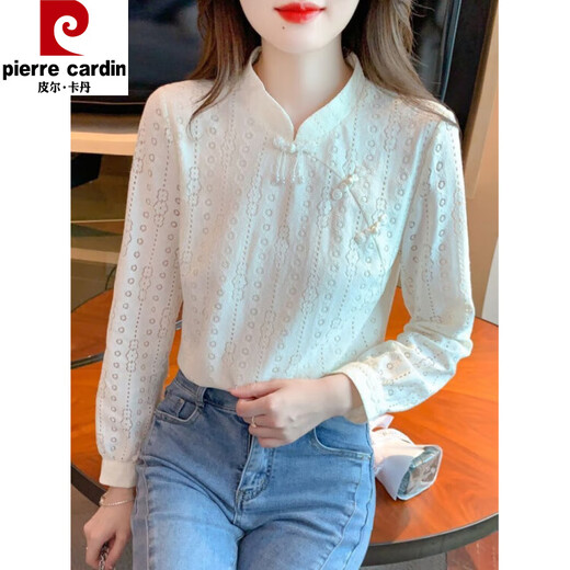 Pierre Cardin plus velvet thickened lace bottoming shirt for women autumn new button-down shirt long-sleeved shirt inner top apricot plus velvet M 95-105Jin Jin is equal to 0.5 kg