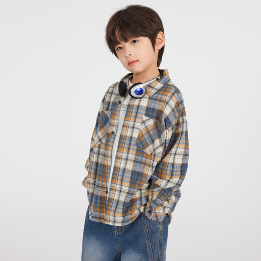 Duojia Green Blues Boys' Shirts 2025 Spring Season Children's Thin Jackets Medium and Large Children's Soft Waxy Cotton Shirts Blue Check 110