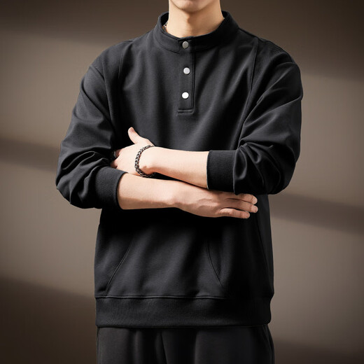 AX Armani broken code 2026 American retro Henry collar button long-sleeved sweatshirt men's autumn new splicing stand collar simple khaki M suitable for 100-120Jin Jin equals 0.5 kg