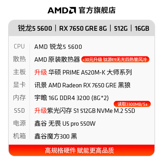 AMD Ryzen 5 5600 AMD family bucket assembly computer RTX5060/RX7650GRE host AI rendering desktop computer complete game e-sports DIY assembly machine kit configuration four R5 5600/RX7650GRE 8GB single host