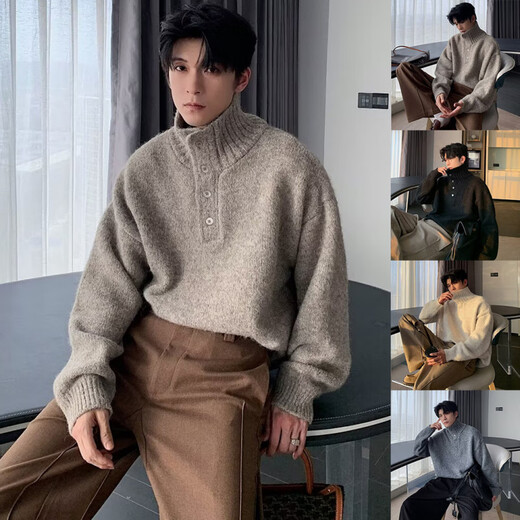 Men's Sweater Henley Collar Buttoned Knit Sweater Men's Turtleneck Warm Fall and Winter Outerwear Loose Lazy Style Black M