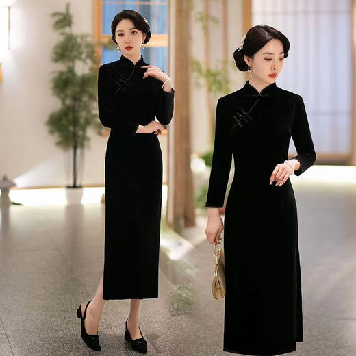 Pierre Cardin autumn and winter new velvet plus velvet cheongsam for women Chinese style retro slim slim long cheongsam dress for women black plus velvet thickened XL recommended 110-120Jin Jin equals 0.5 kg