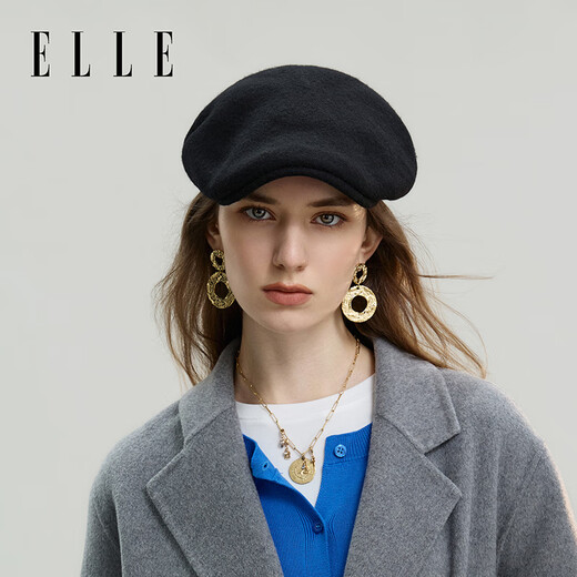 ELLE Autumn and Winter Octagonal Hat Women's Retro Warm Beret Elegant and Versatile Painter Hat Black